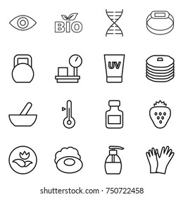 thin line icon set : eye, bio, dna, smart bracelet, heavy, warehouse scales, uv cream, pancakes, mortar, thermometer, pills bottle, strawberry, ecology, soap, liquid, gloves