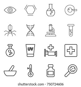 thin line icon set : eye, hex molecule, round flask, cell corection, virus, dna, microscope, vial, chemical, uv cream, hospital, first aid, mortar, thermometer, pills bottle, viruses