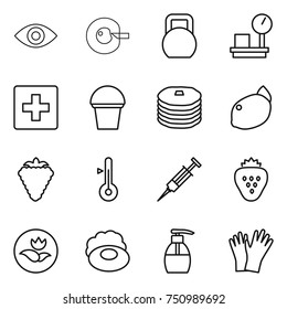 thin line icon set : eye, cell corection, heavy, warehouse scales, first aid, bucket, pancakes, lemon, berry, thermometer, syringe, strawberry, ecology, soap, liquid, gloves