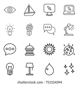 thin line icon set : eye, boat, monitor arrow, notebook, bulb, discussion, table lamp, balloon, goverment house, sun, disco ball, floor, drop, shining