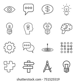 thin line icon set : eye, message, money, bulb, head, brain, gear, discussion, target, chip, puzzle, singlepost, draw compass