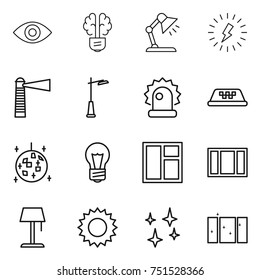 thin line icon set : eye, bulb brain, table lamp, lightning, lighthouse, outdoor light, alarm, taxi, disco ball, window, floor, sun, shining, clean