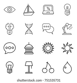 thin line icon set : eye, boat, notebook, bulb, brain, dna, discussion, table lamp, balloon, goverment house, sun, floor, cherry, drop