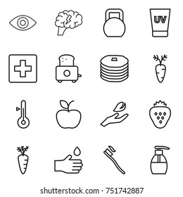 thin line icon set : eye, brain, heavy, uv cream, first aid, toaster, pancakes, carrot, thermometer, apple, hand leaf, strawberry, drop, tooth brush, liquid soap