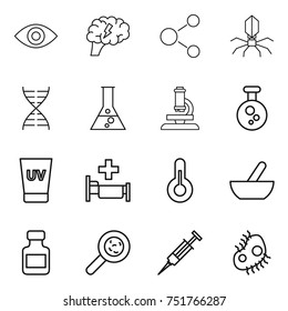 thin line icon set : eye, brain, molecule, virus, dna, flask, microscope, chemical, uv cream, hospital, thermometer, mortar, pills bottle, viruses, syringe, microb