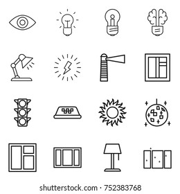 thin line icon set : eye, bulb, brain, table lamp, lightning, lighthouse, window, traffic light, taxi, sun, disco ball, floor, clean