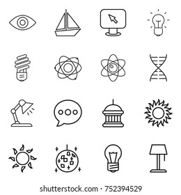 thin line icon set : eye, boat, monitor arrow, bulb, atom, dna, table lamp, balloon, goverment house, sun, disco ball, floor
