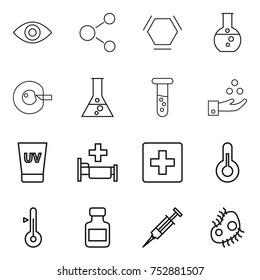 thin line icon set : eye, molecule, hex, round flask, cell corection, vial, chemical industry, uv cream, hospital, first aid, thermometer, pills bottle, syringe, microb