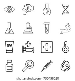 thin line icon set : eye, brain, round flask, dna, microscope, vial, chemical industry, uv cream, hospital, first aid, thermometer, pills bottle, viruses, syringe, microb