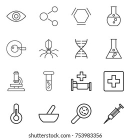 thin line icon set : eye, molecule, hex, round flask, cell corection, virus, dna, microscope, vial, hospital, first aid, thermometer, mortar, viruses, syringe