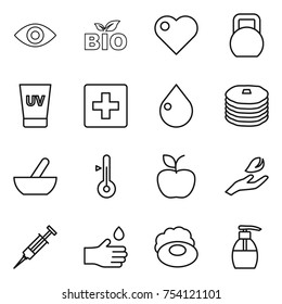 thin line icon set : eye, bio, heart, heavy, uv cream, first aid, drop, pancakes, mortar, thermometer, apple, hand leaf, syringe, soap, liquid