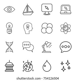 thin line icon set : eye, boat, monitor arrow, notebook, bulb, head, atom core, dna, discussion, table lamp, balloon, goverment house, disco ball, drop, shining