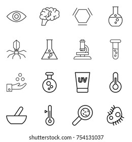 thin line icon set : eye, brain, hex molecule, round flask, virus, microscope, vial, chemical industry, uv cream, thermometer, mortar, viruses, microb