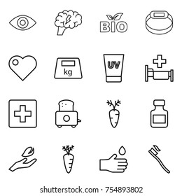 thin line icon set : eye, brain, bio, smart bracelet, heart, heavy, uv cream, hospital, first aid, toaster, carrot, pills bottle, hand leaf, drop, tooth brush