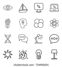 thin line icon set : eye, boat, monitor arrow, notebook, bulb, head, atom core, dna, discussion, table lamp, balloon, sun, disco ball, floor