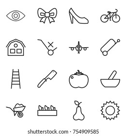 thin line icon set : eye, bow, shoes, bike, house, do not trolley sign, plane, suitcase, stairs, chef knife, tomato, mortar, wheelbarrow, seedling, pear, sun