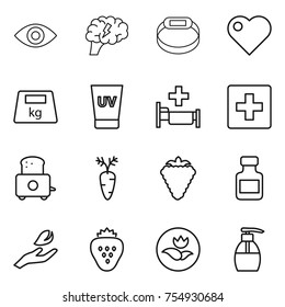thin line icon set : eye, brain, smart bracelet, heart, heavy, uv cream, hospital, first aid, toaster, carrot, berry, pills bottle, hand leaf, strawberry, ecology, liquid soap