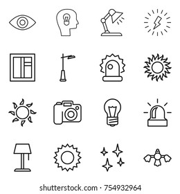 thin line icon set : eye, bulb head, table lamp, lightning, window, outdoor light, alarm, sun, camera, floor, shining, hard reach place cleaning