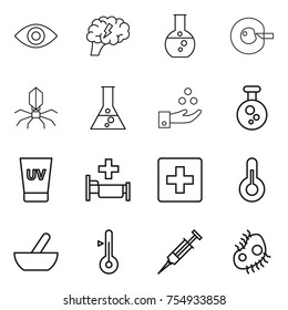 thin line icon set : eye, brain, round flask, cell corection, virus, chemical industry, uv cream, hospital, first aid, thermometer, mortar, syringe, microb