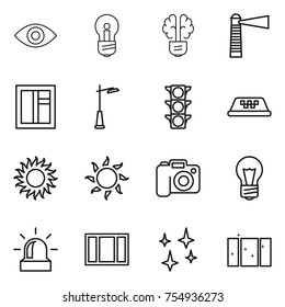 thin line icon set : eye, bulb, brain, lighthouse, window, outdoor light, traffic, taxi, sun, camera, alarm, shining, clean