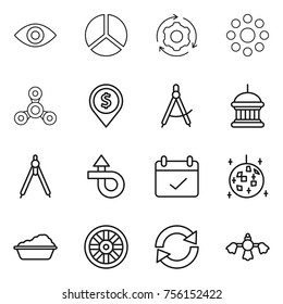 Thin line icon set : eye, diagram, around gear, round, spinner, dollar pin, draw compass, goverment house, drawing compasses, trip, terms, disco ball, washing, wheel, reload