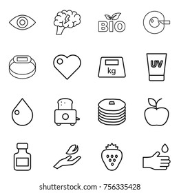 Thin line icon set : eye, brain, bio, cell corection, smart bracelet, heart, heavy, uv cream, drop, toaster, pancakes, apple, pills bottle, hand leaf, strawberry