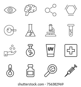 Thin line icon set : eye, brain, molecule, hex, cell corection, flask, microscope, vial, chemical industry, uv cream, first aid, thermometer, pills bottle, viruses, syringe