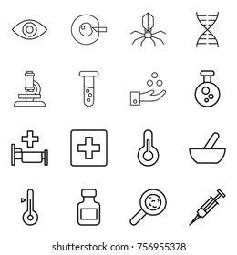 Thin line icon set : eye, cell corection, virus, dna, microscope, vial, chemical industry, hospital, first aid, thermometer, mortar, pills bottle, viruses, syringe