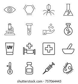 Thin line icon set : eye, hex molecule, virus, flask, microscope, vial, chemical industry, uv cream, hospital, first aid, mortar, thermometer, pills bottle, syringe, microb