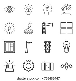 Thin line icon set : eye, bulb, head, table lamp, lightning, infinity power, lighthouse, window, outdoor light, traffic, alarm, sun, clean, hard reach place cleaning