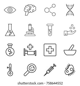 Thin line icon set : eye, brain, molecule, dna, flask, microscope, vial, chemical industry, hospital, first aid, mortar, thermometer, viruses, syringe, microb
