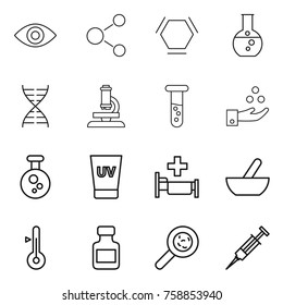 Thin line icon set : eye, molecule, hex, round flask, dna, microscope, vial, chemical industry, uv cream, hospital, mortar, thermometer, pills bottle, viruses, syringe