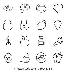 Thin line icon set : eye, brain, smart bracelet, heart, toaster, lemon, berry, thermometer, apple, pills bottle, hand leaf, strawberry, drop, ecology, gloves