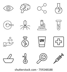 Thin line icon set : eye, brain, molecule, round flask, cell corection, virus, microscope, vial, chemical industry, uv cream, first aid, mortar, thermometer, viruses, syringe