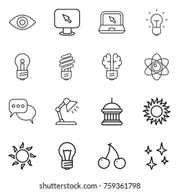 Thin line icon set : eye, monitor arrow, notebook, bulb, brain, atom, discussion, table lamp, goverment house, sun, cherry, shining