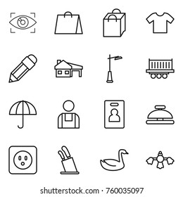 Thin line icon set : eye identity, shopping bag, t shirt, pencil, house with garage, outdoor light, truck shipping, dry cargo, workman, card, service bell, power socket, stands for knives, goose