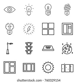 Thin line icon set : eye, bulb, brain, lightning, window, outdoor light, traffic, taxi, disco ball, sun, clean