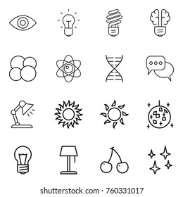 Thin line icon set : eye, bulb, brain, atom core, dna, discussion, table lamp, sun, disco ball, floor, cherry, shining