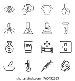 Thin line icon set : eye, brain, hex molecule, round flask, virus, microscope, vial, chemical, uv cream, hospital, first aid, mortar, thermometer, syringe, microb