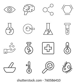 Thin line icon set : eye, brain, molecule, hex, round flask, cell corection, vial, chemical industry, first aid, thermometer, mortar, viruses, microb