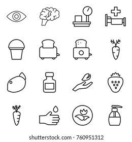 Thin line icon set : eye, brain, warehouse scales, hospital, bucket, toaster, carrot, lemon, pills bottle, hand leaf, strawberry, drop, ecology, liquid soap