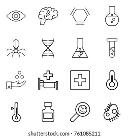 Thin line icon set : eye, brain, hex molecule, round flask, virus, dna, vial, chemical industry, hospital, first aid, thermometer, pills bottle, viruses, microb