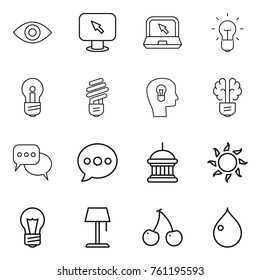 Thin line icon set : eye, monitor arrow, notebook, bulb, head, brain, discussion, balloon, goverment house, sun, floor lamp, cherry, drop
