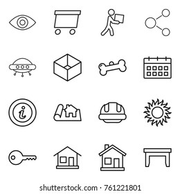 Thin line icon set : eye, delivery, courier, molecule, ufo, box, bone, calendar, info, project, building helmet, sun, key, home, table
