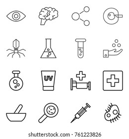 Thin line icon set : eye, brain, molecule, cell corection, virus, flask, vial, chemical industry, uv cream, hospital, first aid, mortar, viruses, syringe, microb