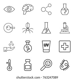 Thin line icon set : eye, brain, molecule, round flask, cell corection, virus, microscope, chemical industry, uv cream, first aid, thermometer, pills bottle, viruses, microb