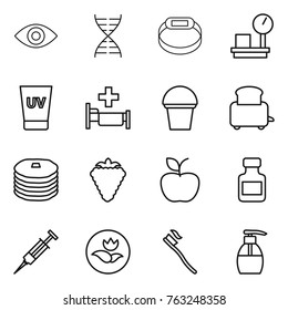 Thin line icon set : eye, dna, smart bracelet, warehouse scales, uv cream, hospital, bucket, toaster, pancakes, berry, apple, pills bottle, syringe, ecology, tooth brush, liquid soap