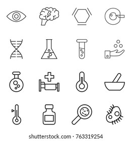 Thin line icon set : eye, brain, hex molecule, cell corection, dna, flask, vial, chemical industry, hospital, thermometer, mortar, pills bottle, viruses, microb