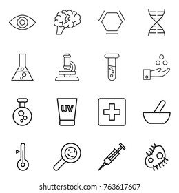 Thin line icon set : eye, brain, hex molecule, dna, flask, microscope, vial, chemical industry, uv cream, first aid, mortar, thermometer, viruses, syringe, microb