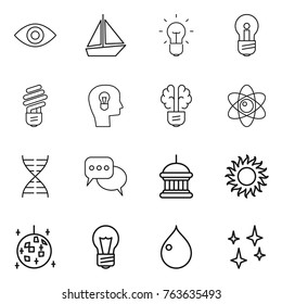 Thin Line Icon Set : Eye, Boat, Bulb, Head, Brain, Atom, Dna, Discussion, Goverment House, Sun, Disco Ball, Drop, Shining